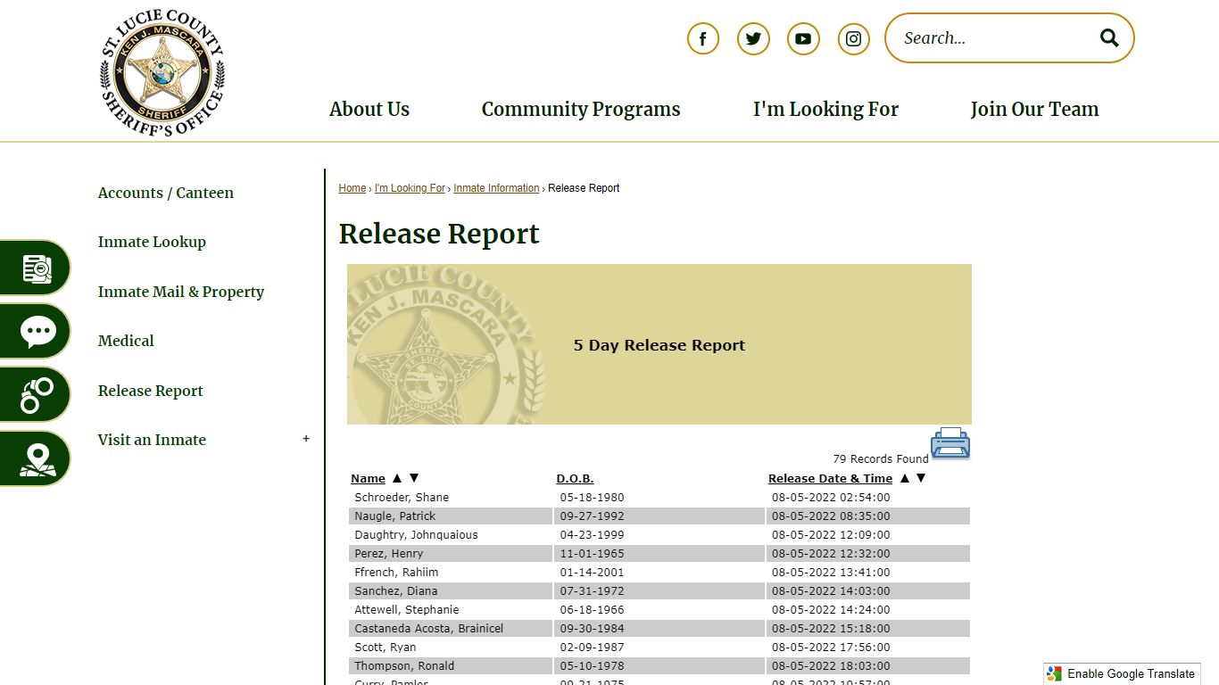 Release Report | St. Lucie Co Sheriff's Office, FL